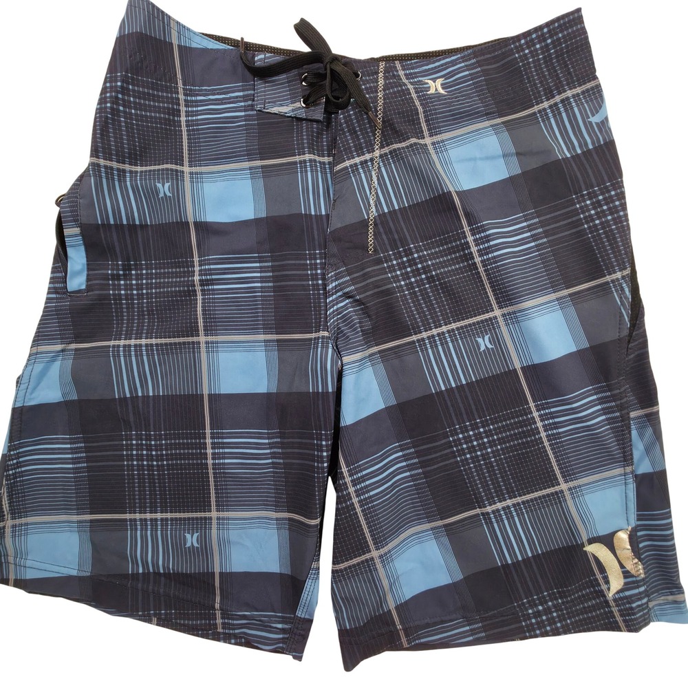 Hurley Phantom Board Shorts Mens 31 Blue Plaid Surf Swim Trunks MB04PRK Stretch